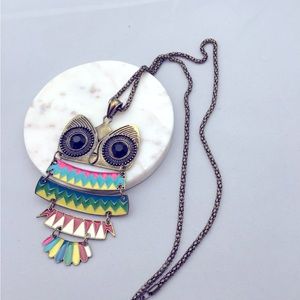 Vintage Oversized Enamel Owl Pendant Necklace Estate Jewelry